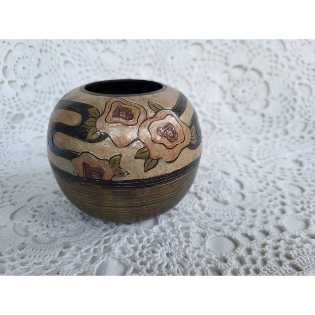 Brass Cloisonné Floral & Striped Vase For Sale - Image 4 of 7