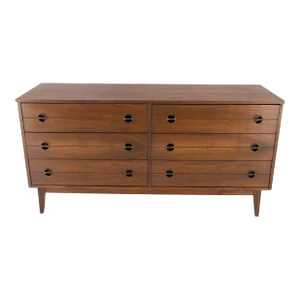 Danish Mid Century Modern 6 Drawers Walnut Double Dresser Credenza Round Pulls
