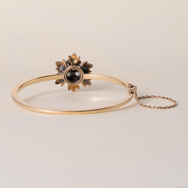 Victorian Late 19th Century Victorian 1.20 Carats Old Mine Cut Diamond Floral Bangle 14k Gold and Silver For Sale - Image 3 of 4