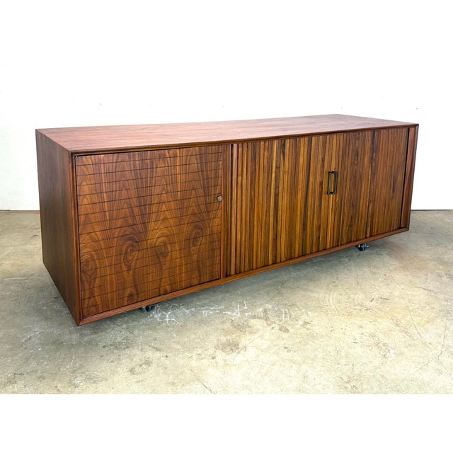 1960s Mid Century Modern Tambour Door Walnut Credenza / Media Cabinet / Bar Cabinet For Sale - Image 9 of 12