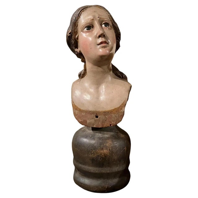 Italian Artist, Carved Polychrome Female Bust Sculpture, 1700s, Lacquered Wood For Sale - Image 12 of 12