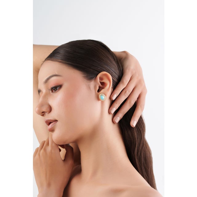 Metal 3.97Carat Turquoise & Diamond Double Halo Statement Earrings in 14k Gold- A Pair For Sale - Image 7 of 14