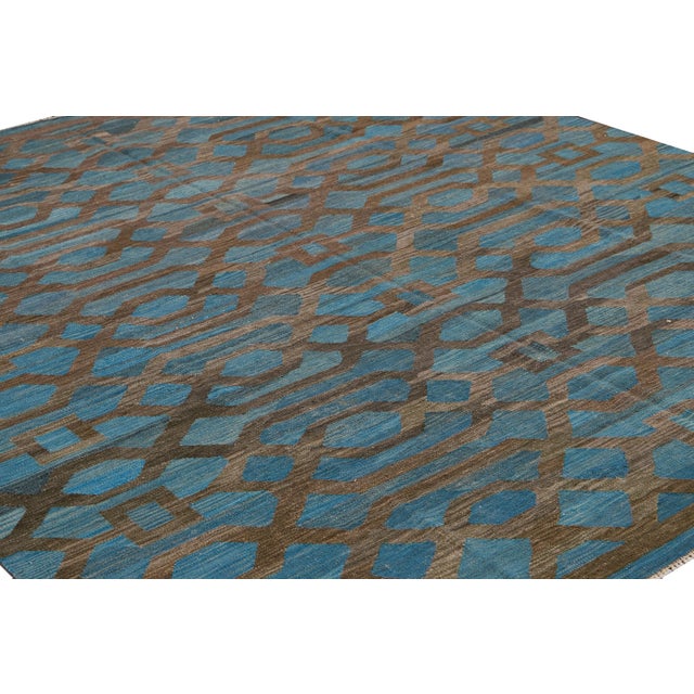 Blue Modern Geometric Kilim Handmade Room Size Blue Wool Rug For Sale - Image 8 of 11