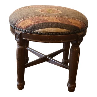Kilim Upholstered Footstool in Brown & White For Sale
