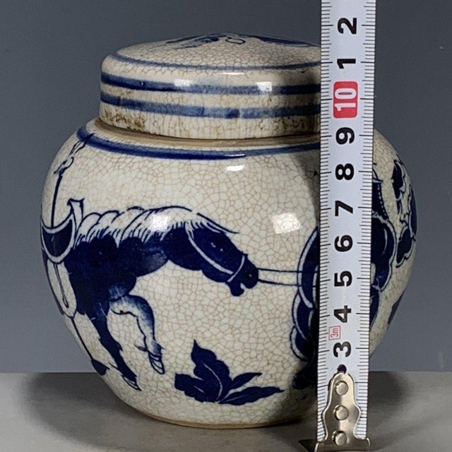 Blue 1970s Blue & White Porcelain Ginger Jar With Figural Scene & Crackle Glaze, 4.3" For Sale - Image 8 of 9
