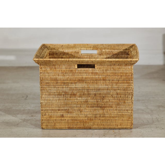 Vintage Country Style Rattan Storage Basket with Side Handles For Sale - Image 4 of 12