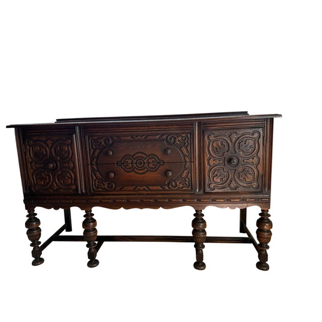 Wood 1930s Vintage Bernhardt Beautiful Jacobean Side Buffet - Versatile - Elegantly Carved, Inner Trays and Versatile Storage For Sale - Image 7 of 16