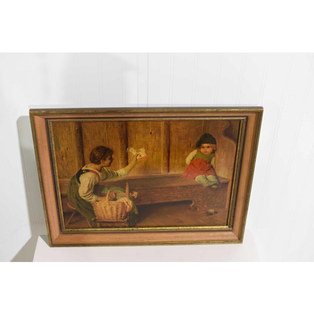 Traditional Mid Century Oil on Canvas Woman With Child and Lamb Toy 20" For Sale - Image 3 of 9