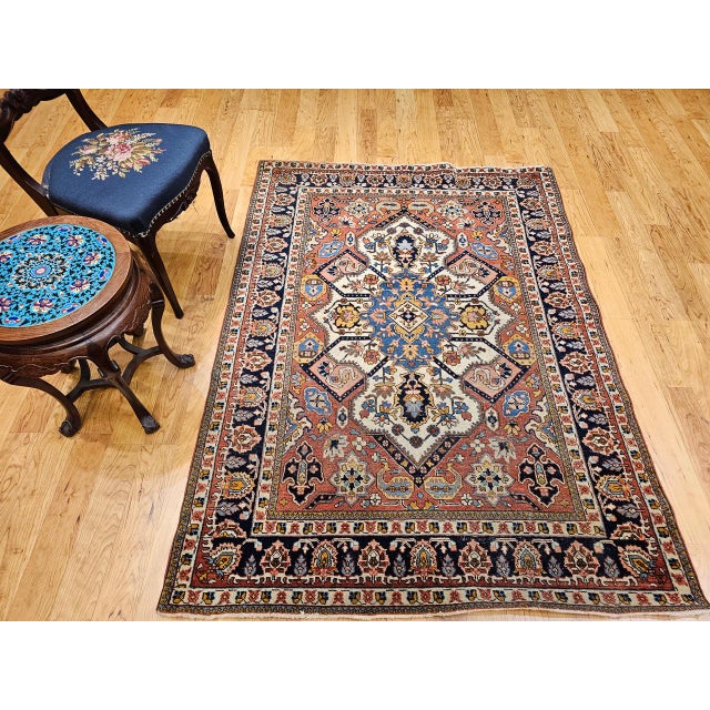 Vintage Persian Tabriz Area Rug, Hand-Knotted Wool, Heriz Geometric Pattern, Ivory & Red, 5x6 For Sale - Image 9 of 18