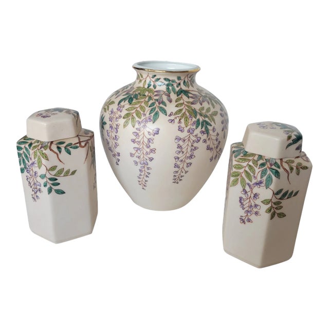 Mid Century Hand Painted Set of Three - Vase and Two Cannisters in the Style of Andrea by Sadek For Sale