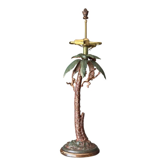 Vintage Tropical Tiki Jungle Safari Banana Palm Tree and Monkey Metal Table Lamp Attributed to Frederick Cooper For Sale