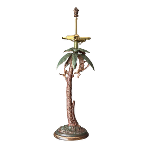 Vintage Tropical Tiki Jungle Safari Banana Palm Tree and Monkey Metal Table Lamp Attributed to Frederick Cooper