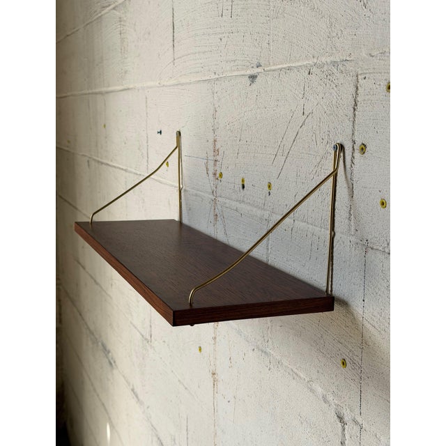 Mid-Century Modern Vintage Danish Rosewood Floating Wall Shelf With Brass-Tone Brackets – Mid-Century Modern Scandinavian Shelving For Sale - Image 3 of 5