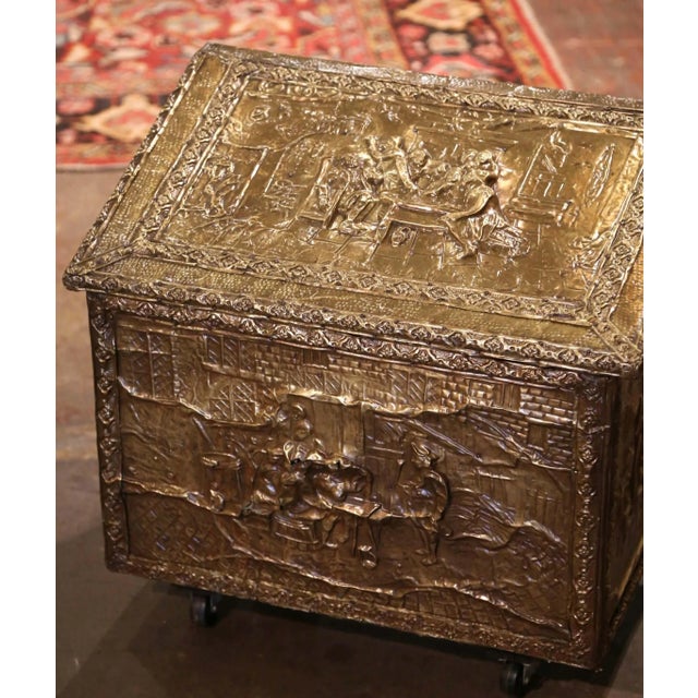 French Early 20th Century French Repousse Brass and Wooden Firewood Box on Wheels For Sale - Image 3 of 9
