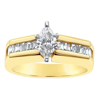 One Carat Marquise Center Diamond with Baguette Accents Engagement Ring, Size 7 For Sale