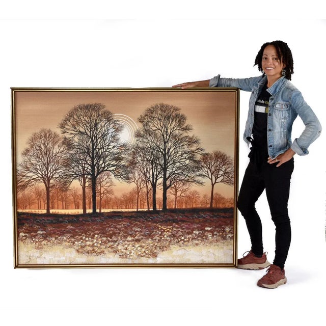 Mid-Century Modern Large Mid-Century Modern Orange and Brown Tree Landscape Painting Signed Williams For Sale - Image 3 of 12
