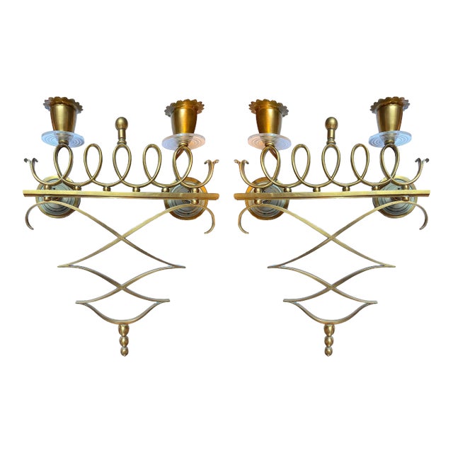 1970 Large Italian Brass, Lucite & Glass Wall Sconces - a Pair For Sale