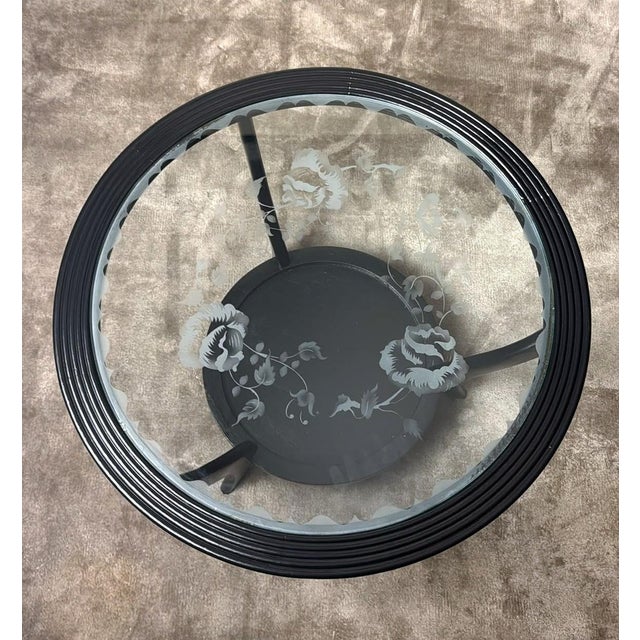 Wood Mid 20th Century Paolo Buffa Style Black Ebonized Italian Art Deco Side Table Ground Glass Top For Sale - Image 7 of 18
