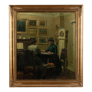 Oil on Canvas Painting of 2 Women Playing Cards, Signed & Dated Friz Kraul 1912