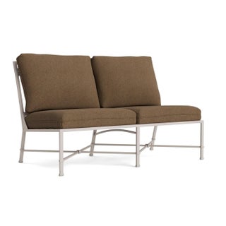Brown Jordan Venetian Armless Loveseat, Dove frame with Fusion Moccasian fabric For Sale