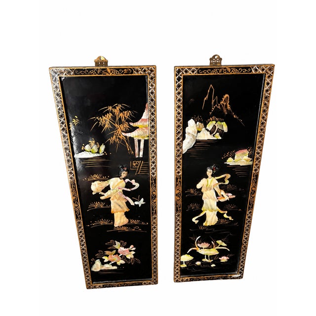 Wood Late 20th Century Chinoiserie Black Lacquer & Mother-of-Pearl Relief Wall Panels — Set of 3 For Sale - Image 7 of 17