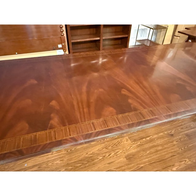 Leighton Hall Furniture Traditional Multi-Banded Mahogany Double Pedestal Dining Table by Leighton Hall - Showroom Sample For Sale - Image 4 of 10