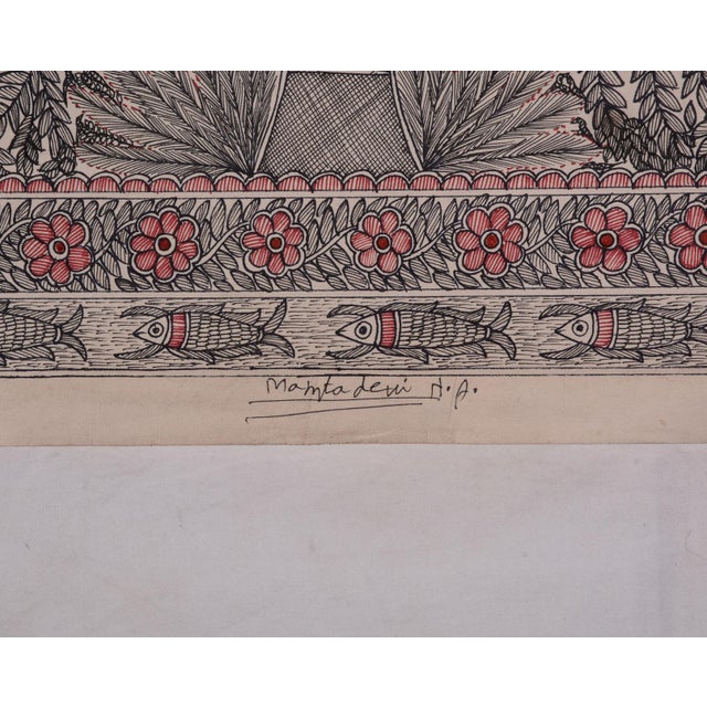 Folk Art Mamta Devi, National Award Winner 2016 – Hand-Painted Madhubani Tree of Life With Birds, on Handmade Khadi Paper For Sale - Image 3 of 4
