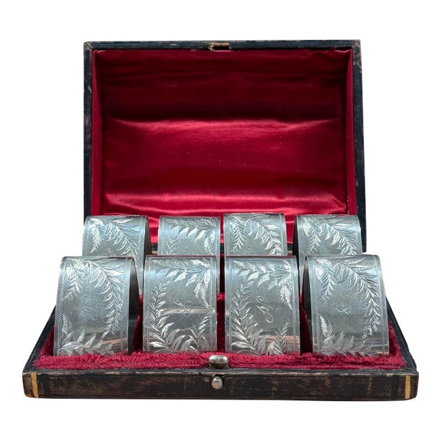 Antique Victorian Era Silver Plate Engraved Napkin Rings With Original Box For Sale