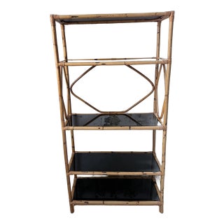 Rattan and Black Glass Bookcase, 1960s For Sale