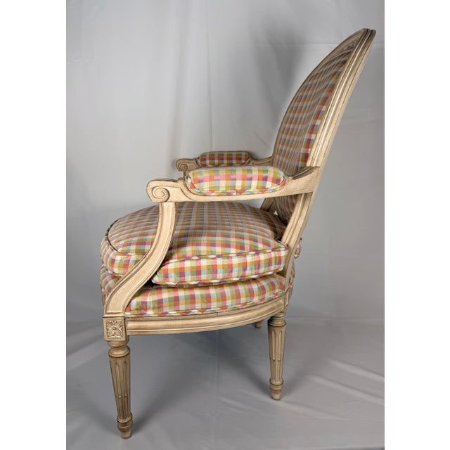 French Late 20th Century Louis XVI Style Creme Painted Upholsterer Fauteuil Armchair For Sale - Image 3 of 11