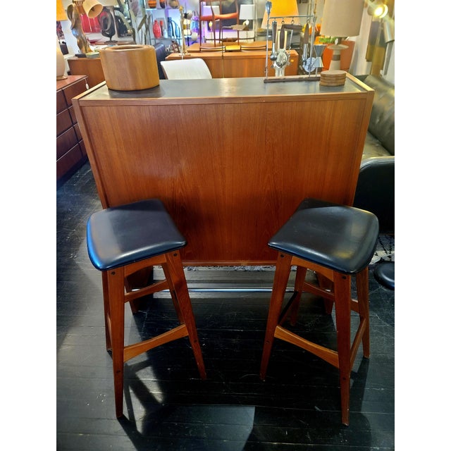 1960s Danish Teak Drybar and Stools by Erik Buch for Dyrlund. Beautifully designed to provide maximum function while...