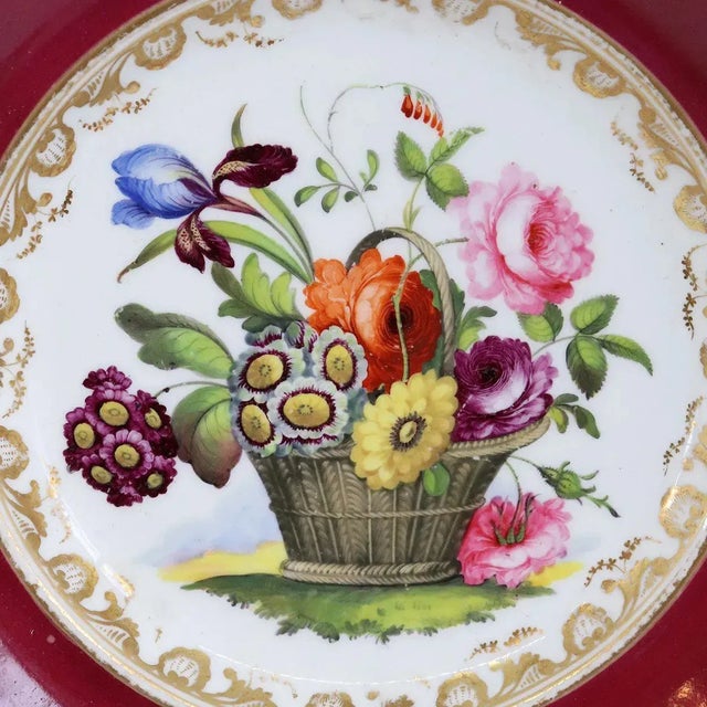 English Attributed to Samuel Alcock Porcelain Floral Basket Claret Ground Plates - Set of 5 For Sale - Image 10 of 13