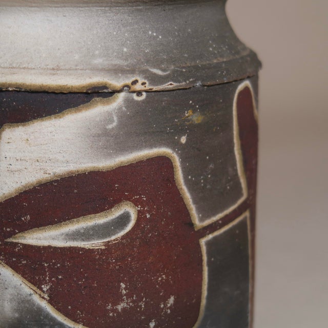 Ceramic Vintage Signed Studio Pottery Wabi Sabi Vase With Flared Rim and Abstract Smokey Slip Glaze For Sale - Image 7 of 15