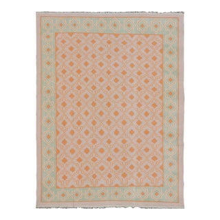 Mid 20th Century Large Vintage Cotton Dhurrie Designer Rug in Shades of Orange and Mint Green For Sale