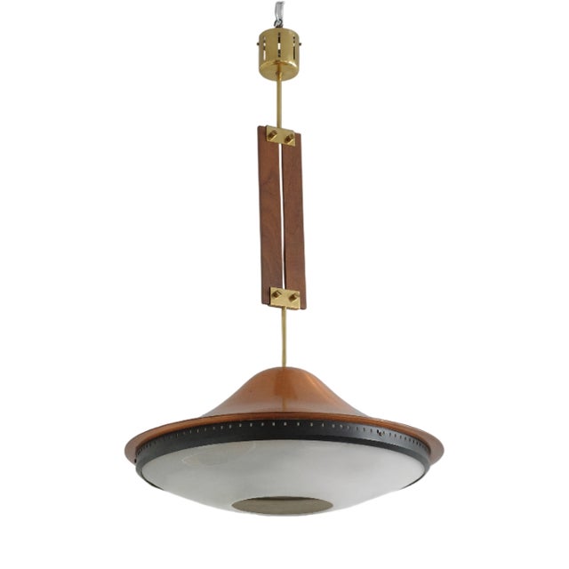 Mid-Century Modernist Aluminum and Wood Pendant, 1960s For Sale