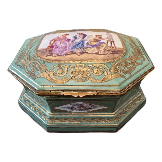 Late 19th Century Antique Emerald Green Sevres Style Porcelain Jewel Box For Sale