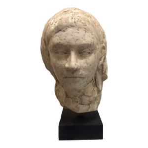 Early 20th Century Hand-Sculpted Figurative Plaster Bust on Wooden Base
