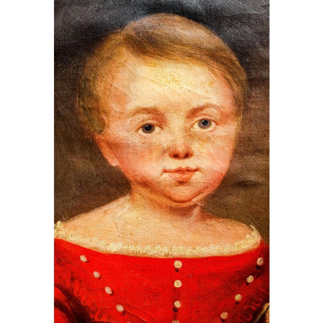 19th Century English School Antique Folk Art Oil Painting Portrait in Burr Wood Frame Home Wall Decor For Sale - Image 5 of 18