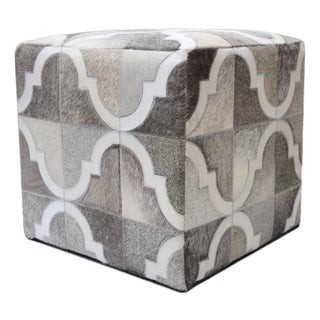 Handmade Quatrefoil Cowhide Leather Ottoman Pouf 18x18x18 in Neutral Cube For Sale