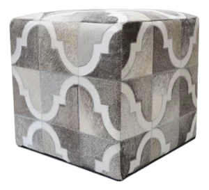 Handmade Quatrefoil Cowhide Leather Ottoman Pouf 18x18x18 in Neutral Cube