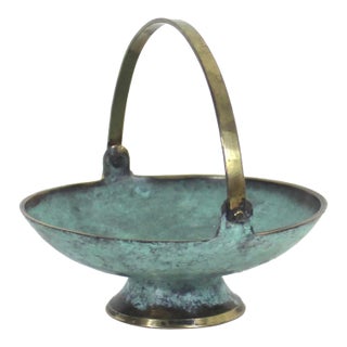 Vintage Brass Verdigris Ring Dish With Handle Solid Brass Bowl Jewellery Holder Small Trinket For Sale
