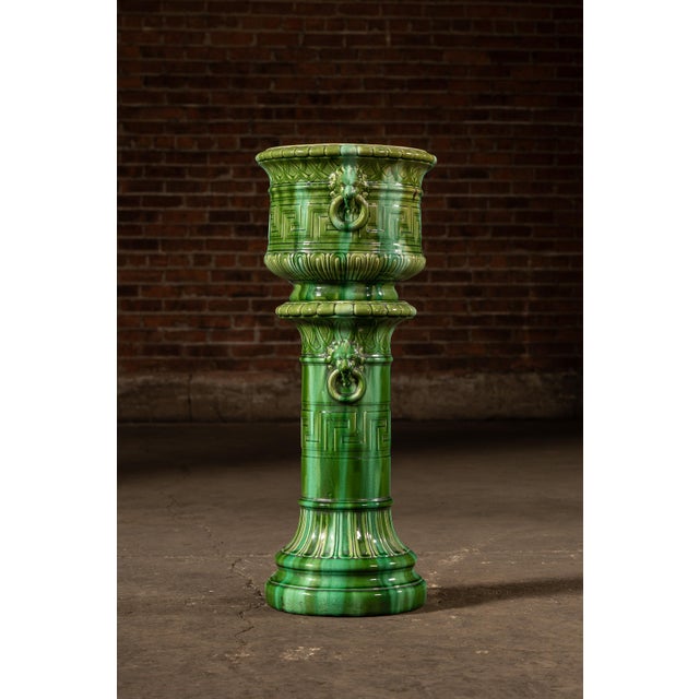 Early 20th Century Brush McCoy “Green Onyx” Majolica Pedestal & Planter Set For Sale In Chicago - Image 6 of 8