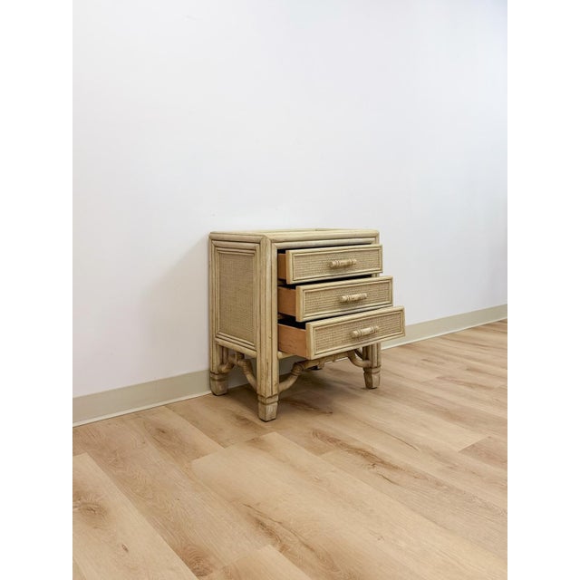Mid 20th Century Ficks Reed Style Faux Bamboo Nightstand Beige Coastal Hollywood Regency Bedside Table For Sale - Image 13 of 13