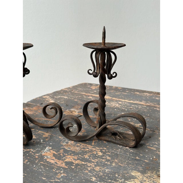 Vintage Wrought Iron Scrolling Candleholders, a Pair, Circa Mid-20th Century For Sale In New York - Image 6 of 18