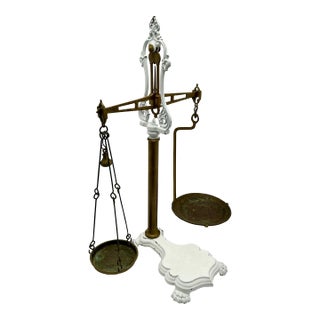 Very Large Size Antique Brass & Enameled Cast Iron Manchester England Wholesale Groceries Sellers Scale - 34 Inches Tall For Sale