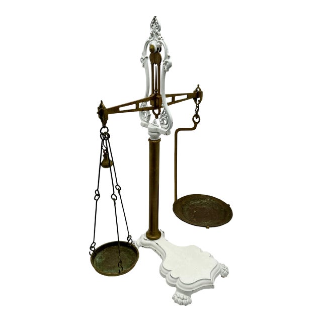 Very Large Size Antique Brass & Enameled Cast Iron Manchester England Wholesale Groceries Sellers Scale - 34 Inches Tall For Sale