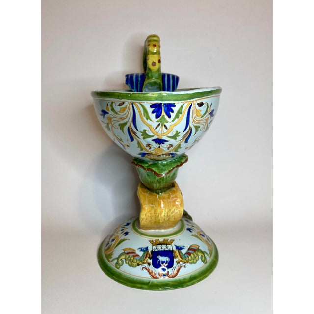 Antique French Quimper Porquier-Beau Footed Compote With Swan Handle For Sale - Image 4 of 16