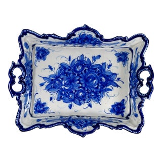 Mid 20th Century Vestal Alcobaca Portugal Blue and White Floral Handled Ceramic Serving Tray For Sale