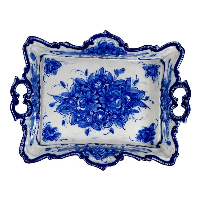 Mid 20th Century Vestal Alcobaca Portugal Blue and White Floral Handled Ceramic Serving Tray For Sale