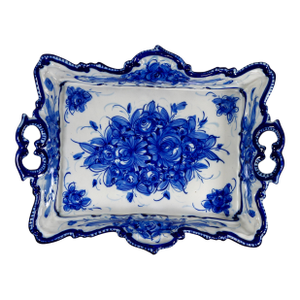Mid 20th Century Vestal Alcobaca Portugal Blue and White Floral Handled Ceramic Serving Tray